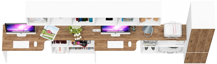 Лидер-8 Стол + Полка + Стол + Полка + Пенал МД 23Б, цвет белый шагрень/крафт золото, ШхГхВ 370х50х75/190 или 230х120/50х75/190 см., НЕ ун. сборка