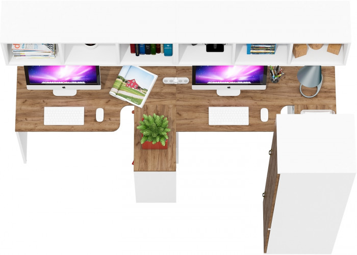 Лидер-8 Стол + Полка + Стол + Полка + Пенал МД 23Б, цвет белый шагрень/крафт золото, ШхГхВ 370х50х75/190 или 230х120/50х75/190 см., НЕ ун. сборка