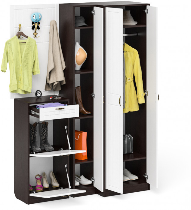 Прихожая П-6 Компоновка № 30, цвет венге/фасады МДФ белое дерево фрезеровка прованс, ШхГхВ 150х50х210 см., универсальная сборка