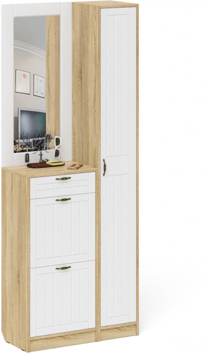 Прихожая П-6 Компоновка № 23, дуб сонома/фасады МДФ белое дерево фрезеровка прованс