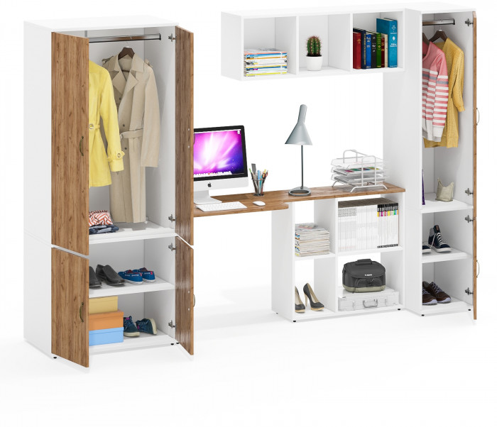 Лидер-8 Шкаф МД 19Б + Стол + Полка + Пенал 23Б, белый шагрень/крафт золото