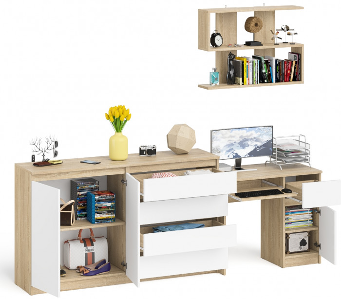 Мори Стол компьютерный МС-1 правый + Комод МК1600.1 + Полка 900, цвет дуб сонома/белый, ШхГхВ 250,4х50х209,6 см., НЕ универсальная сборка