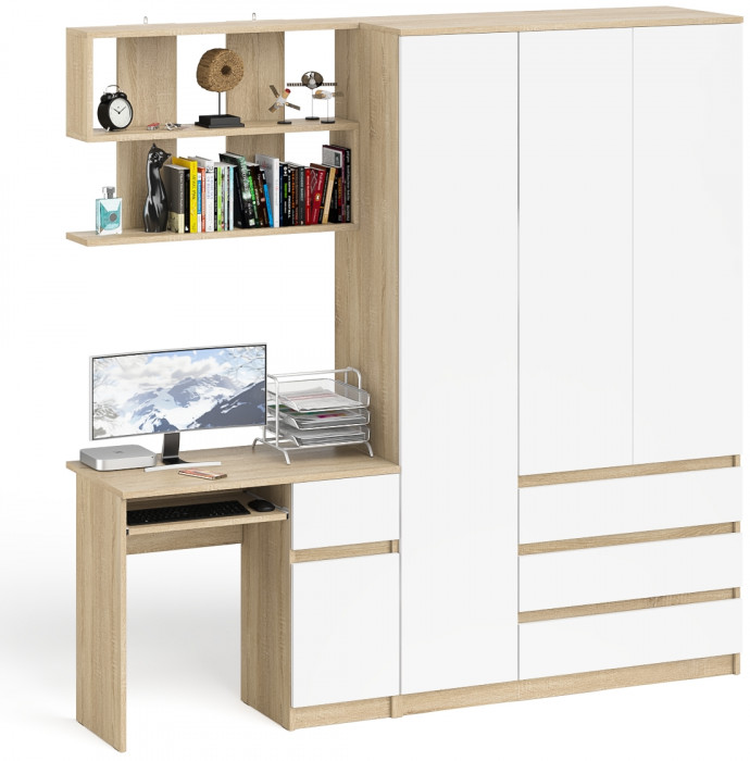 Мори Стол компьютерный МС-1 правый + Шкаф МШ1200.1 + Полка 900, цвет дуб сонома/белый, ШхГхВ 210,4х50,4х209,6 см., НЕ универсальная сборка