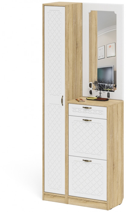 Прихожая П-6 Компоновка № 23, дуб сонома/фасады МДФ белое дерево фрезеровка ромб