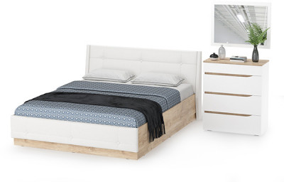 Муссон Кровать 11.28 + подъёмный ортопед + Комод 13.97 + Зеркало СВК, цвет белый/дуб эндгрейн элегантный/кожзам белый, сп. м. 1600х2000 мм., б/м