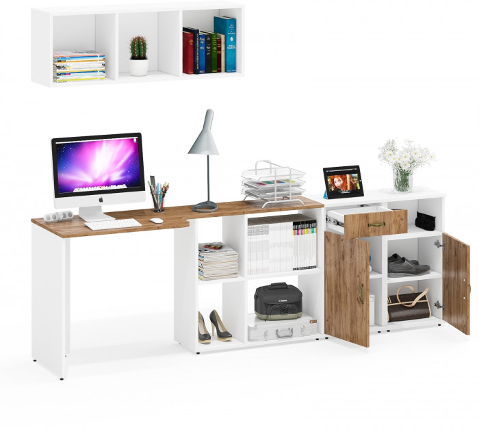 Лидер-8 Стол + Полка + Тумба МД 3.15 + Тумба МД 3.19, белый шагрень/крафт золото