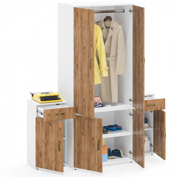 Лидер-8 Шкаф МД 19Б + Тумба МД 3.15 + Тумба МД 3.15, белый шагрень/крафт золото