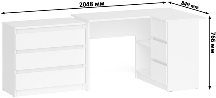 Мори Стол компьютерный МС-16 правый + Комод МК800.1, цвет белый, ШхГхВ 204,8х84,9х76,6 см., выдвижные ящики справа, НЕ универсальная сборка