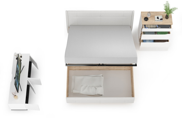 Муссон Кровать 11.28 + подъёмный ортопед + Комод 13.97 + Тумба ТВ 13.276, цвет белый/чёрный/дуб эндгрейн элегантный/кожзам белый, 1600х2000 мм., б/м