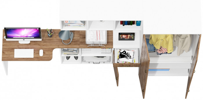 Лидер-8 Стол + Полка + Тумба МД 3.15 + Шкаф МД 19Б, белый шагрень/крафт золото