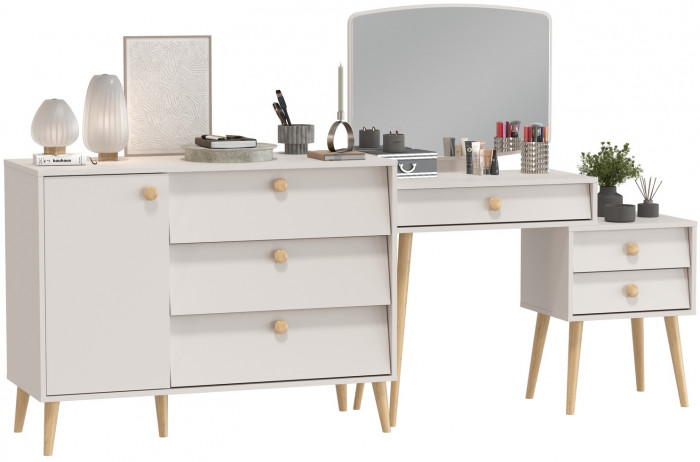 Афина Спальня Трюмо + Комод с дверкой и тремя ящиками, цвет кашемир серый, ШхГхВ 105х38,6х129 + 110х45,3х83 см., универсальная сборка