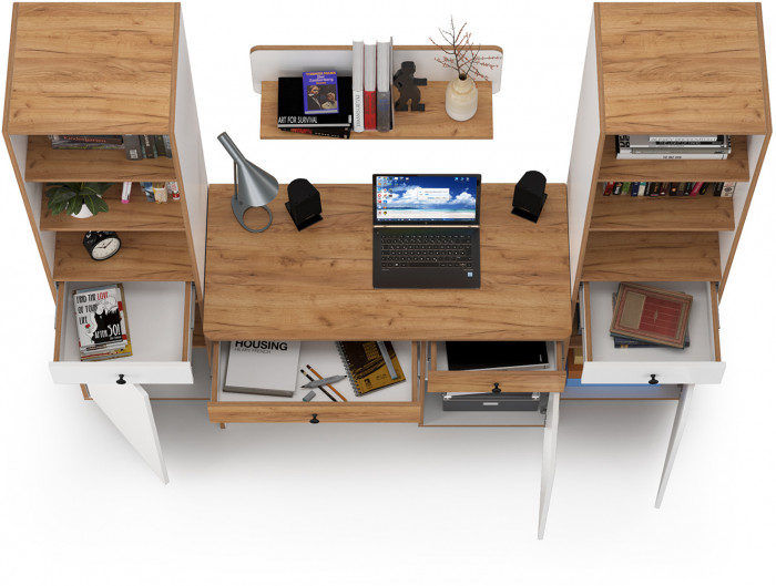 Вуди Компоновка № 08, цвет белый премиум/дуб крафт золотой, ШхГхВ 200х52,7х180,3 см., универсальная сборка