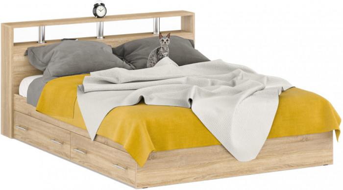 Камелия Кровать с ящиками 1600, цвет дуб сонома, ШхГхВ 163,5х217х78,2 см., сп.м. 1600х2000 мм., без матраса, основание есть