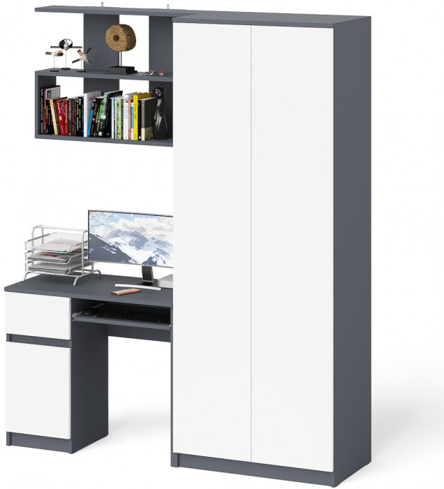 Мори Стол компьютерный МС-1 левый + Шкаф МШ800.1 + Полка 900, цвет графит/белый, ШхГхВ 170,4х50,4х209,6 см., НЕ универсальная сборка