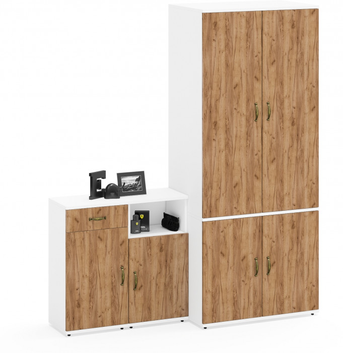 Лидер-8 Шкаф МД 19Б + Тумба МД 3.15 + Тумба МД 3.19, белый шагрень/крафт золото