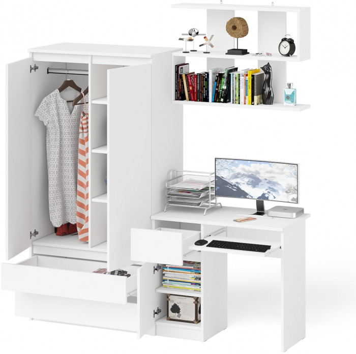 Мори Стол компьютерный МС-1 левый + Шкаф МШ900.1 + Полка 900, цвет белый, ШхГхВ 180,4х50,4х209,6 см., НЕ универсальная сборка