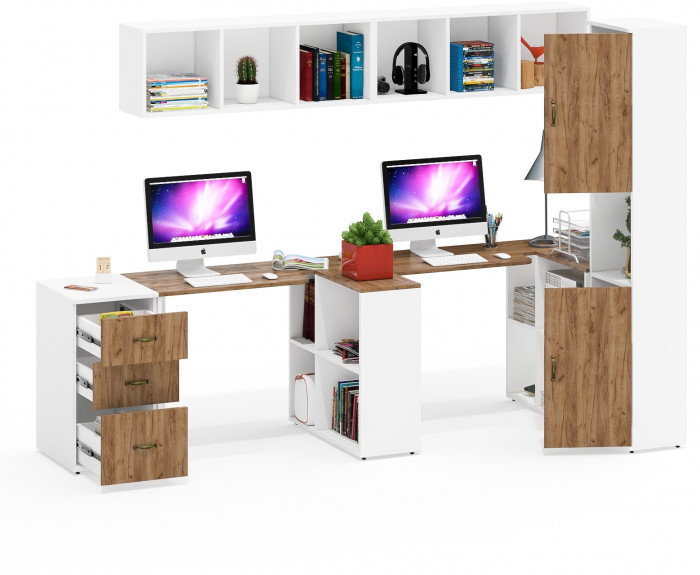 Лидер-8 Стол + Полка + Стол + Полка + Пенал + Тумба МД 3.16, белый шагрень/крафт золото