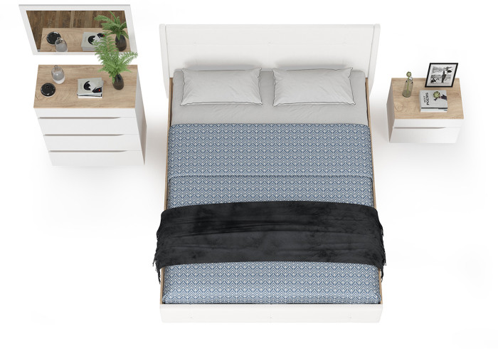 Муссон Кровать 11.28 + подъёмный ортопед + Тумба 16.03 + Комод 13.97 + Зеркало СВК, цвет белый/дуб эндгрейн элегантный/кожзам белый, 1600х2000 мм, б/м