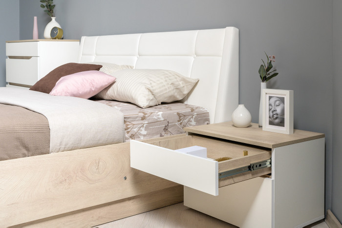 Муссон Кровать 11.28 + подъёмный ортопед + Тумба 16.03 + Комод 13.97 + Зеркало СВК, цвет белый/дуб эндгрейн элегантный/кожзам белый, 1600х2000 мм, б/м