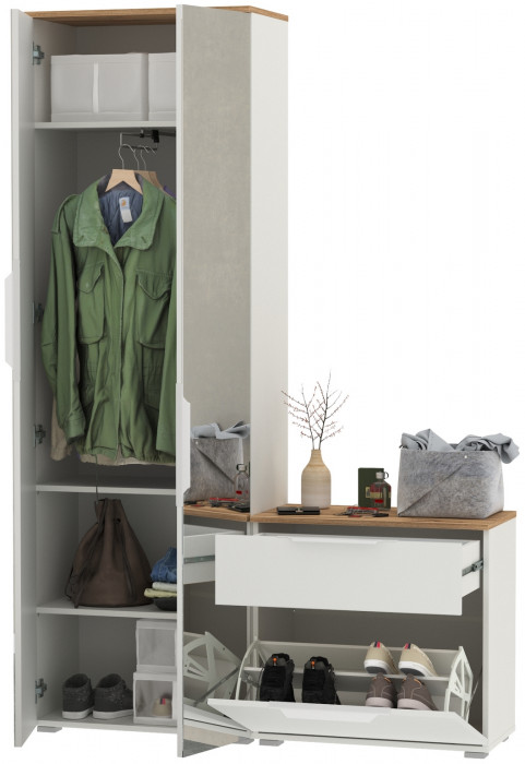 Октава Прихожая 09, цвет белый шагрень/дуб крафт золотой/фасады МДФ белый шагрень, ШхГхВ 129,3х35,4х197,6 см., универсальная сборка