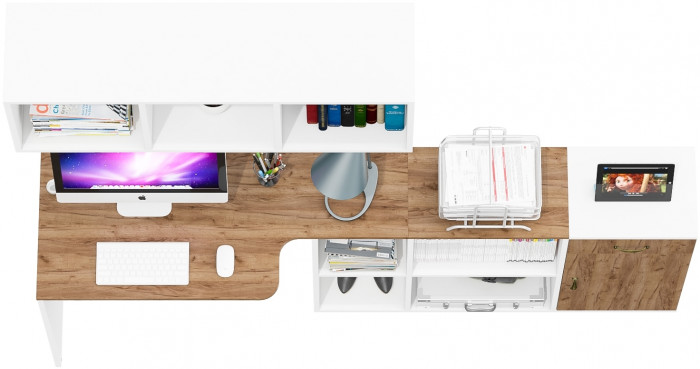 Лидер-8 Стол + Полка + Тумба МД 3.15, белый шагрень/крафт золото