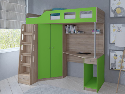 Кровать чердак Астра 7 Сонома/Салатовый