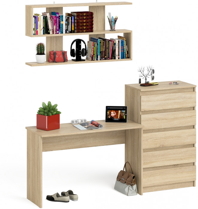 Мори Стол письменный МСП1200.1 + Комод МК700.5 + Полка 1200, цвет дуб сонома, ШхГхВ 190,8х50х209,6 см., универсальная сборка