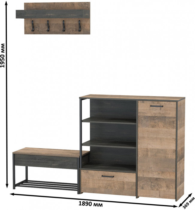 Трувор Прихожая 181, цвет дуб гранж песочный/интра, ШхГхВ 189х36,9х195 см., универсальная сборка