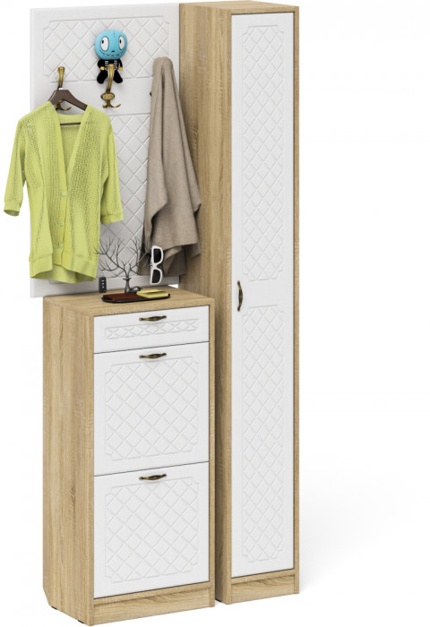 Прихожая П-6 Компоновка № 24, дуб сонома/фасады МДФ белое дерево фрезеровка ромб