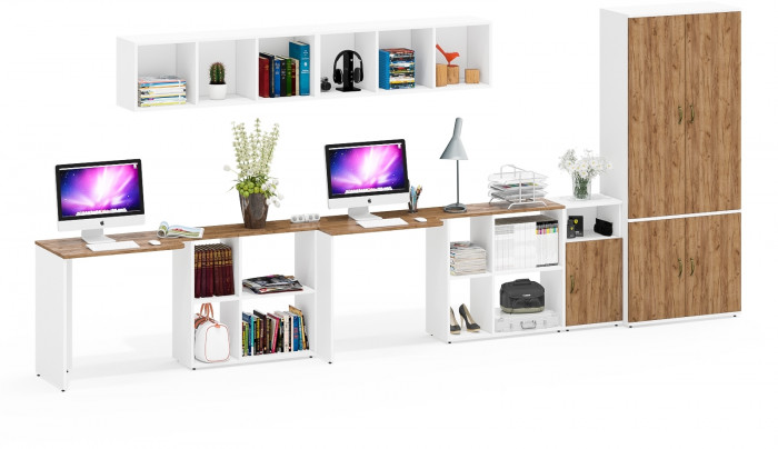 Лидер-8 Стол + Полка + Стол + Полка + Шкаф МД 20Б + Тумба МД 3.19, цвет белый шагрень/крафт золото, 450х50х75/190 или 230х200/50х75/190, НЕ ун. сб.