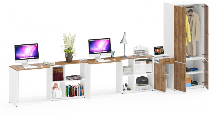 Лидер-8 Стол + Стол + Шкаф МД 19Б + Тумба МД 3.15, цвет белый шагрень/крафт золото, ШхГхВ 450х50х75/190 или 230х200/50х75/190 см., НЕ ун. сб.