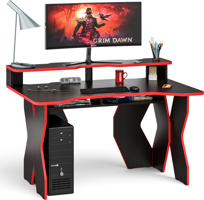 Стол компьютерный с надстройкой С-МД-СК5-1400Н, цвет венге/кромка красная, ШхГхВ 140х90х91(75) см. (Стол для геймера Краб-5 с надстройкой)