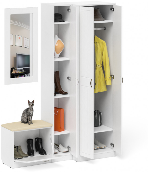 Прихожая П-6 Компоновка № 26, цвет белая шагрень/фасады МДФ белое дерево фрезеровка прованс, ШхГхВ 150х50х210 см., универсальная сборка