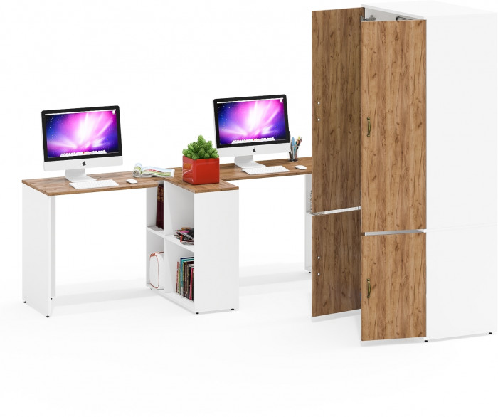 Лидер-8 Стол + Стол + Шкаф МД 19Б + Тумба МД 3.19, цвет белый шагрень/крафт золото, ШхГхВ 450х50х75/190 или 230х200/50х75/190 см., НЕ ун. сб.