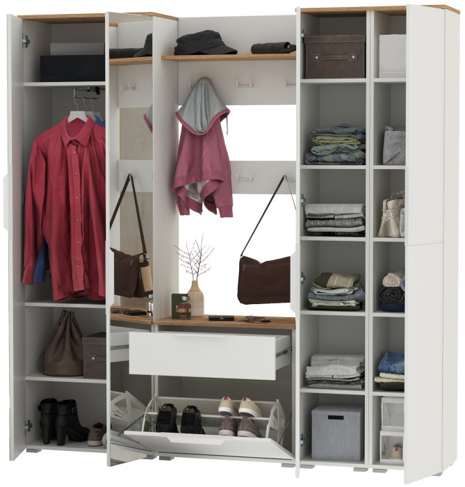 Октава Прихожая 31, цвет белый шагрень/дуб крафт золотой/фасады МДФ белый шагрень, ШхГхВ 193,7х35,4х197,6 см., универсальная сборка