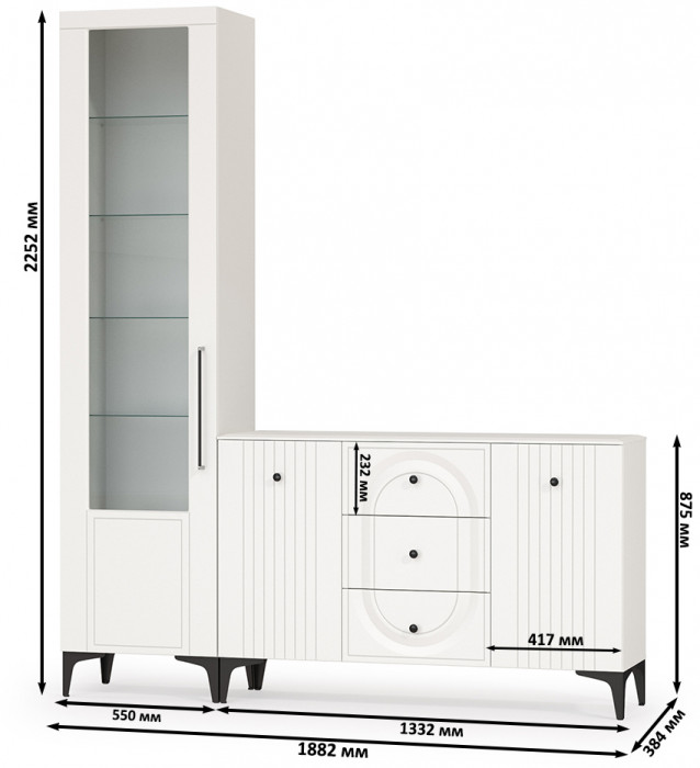 Валенсия Гостиная № 092, цвет ЛДСП белый шагрень/МДФ белый шагрень, ШхГхВ 188,2х38,4х225,2 см., универсальная сборка