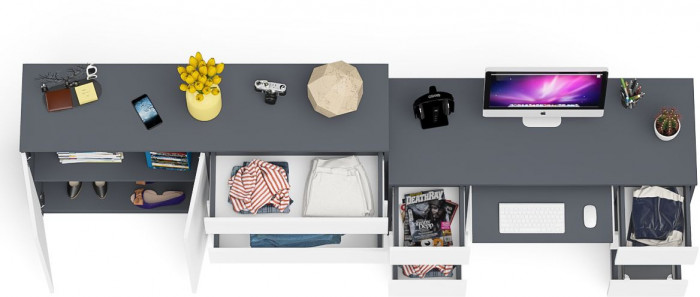 Мори Стол компьютерный МС-2 + Комод МК1600.1, цвет графит/белый, ШхГхВ 295,8х50х94 см., универсальная сборка