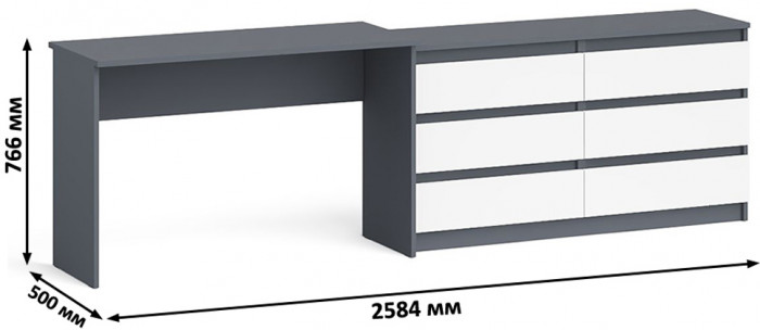 Мори Стол письменный МСП1200.1 + Комод МК1380.6, цвет графит/белый, ШхГхВ 258,4х50х76,6 см., универсальная сборка