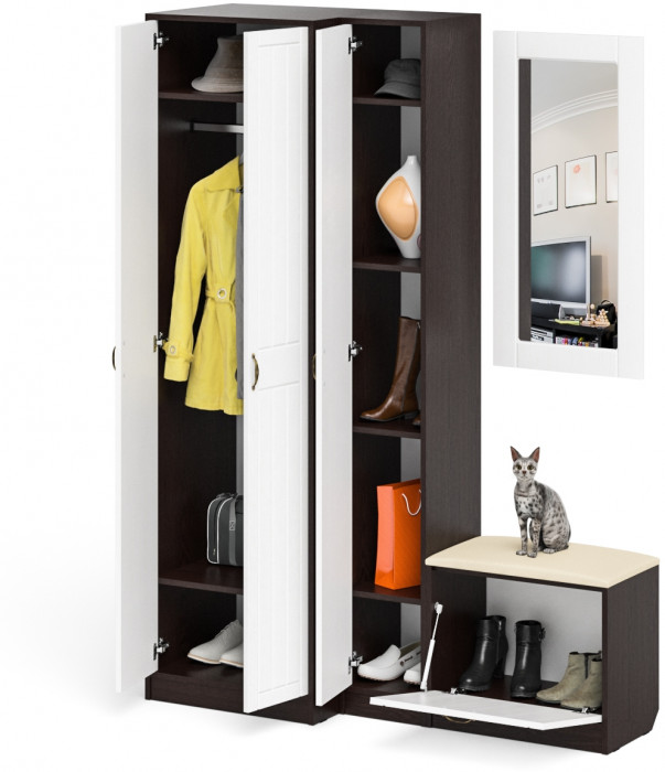 Прихожая П-6 Компоновка № 26, цвет венге/фасады МДФ белое дерево фрезеровка прованс, ШхГхВ 150х50х210 см., универсальная сборка