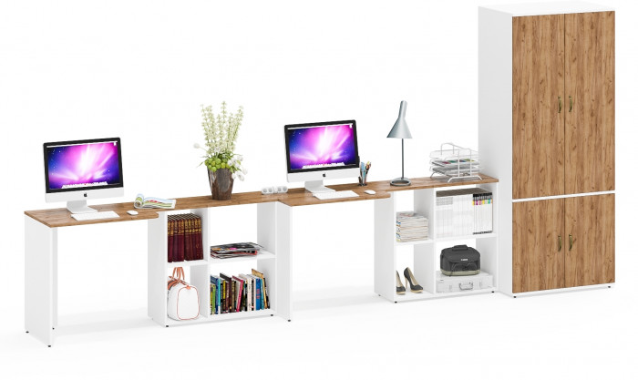 Лидер-8 Стол + Стол + Шкаф МД 19Б, цвет белый шагрень/крафт золото, ШхГхВ 410х50х75/190 или 230х160/50х75/190 см., НЕ универсальная сборка