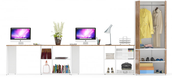 Лидер-8 Стол + Стол + Шкаф МД 19Б, цвет белый шагрень/крафт золото, ШхГхВ 410х50х75/190 или 230х160/50х75/190 см., НЕ универсальная сборка