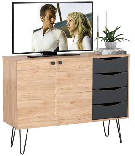 Брюс Комод-тумба 16.233, цвет чёрный/Battle rock Santiago, ШхГхВ 113,4х38,3х85,6 см., универсальная сборка, две дверки и четыре выдвижных ящика