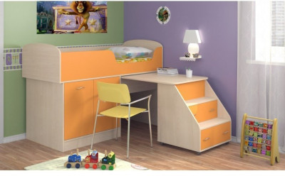 Детская кровать-чердак Дюймовочка-2, Дуб молочный / Оранжевый