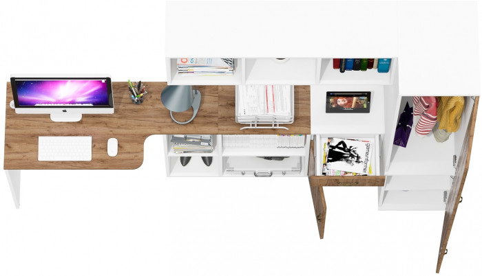 Лидер-8 Стол + Полка + Тумба МД 3.15 + Пенал МД 23Б, цвет белый шагрень/крафт золото, ШхГхВ 245х50/37,5х75/190 или 115х160/50х75/190 см., НЕ ун. сб.