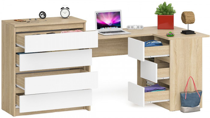 Мори Стол компьютерный МС-16 правый + Комод МК800.4, цвет дуб сонома/белый, ШхГхВ 204,8х84,9х94 см., выдвижные ящики справа, НЕ универс. сборка