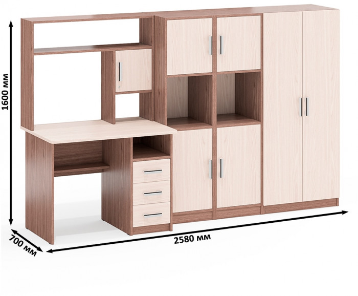 С-МД-СК9 Компоновка № 03, цвет ясень шимо светлый/ясень шимо тёмный, ШхГхВ 258х70х160 см., НЕ универсальная сборка