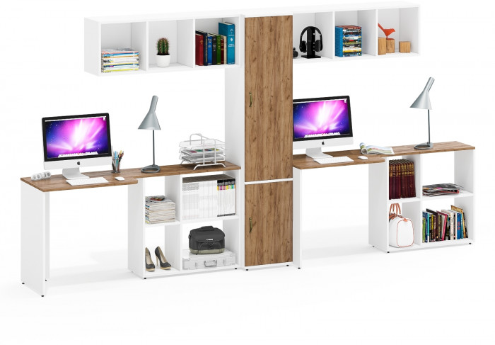 Лидер-8 Стол + Полка + Стол + Полка + Пенал МД 22Б, белый шагрень/крафт золото