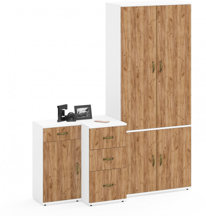 Лидер-8 Шкаф МД 20Б + Тумба МД 3.15 + Тумба МД 3.16, белый шагрень/крафт золото