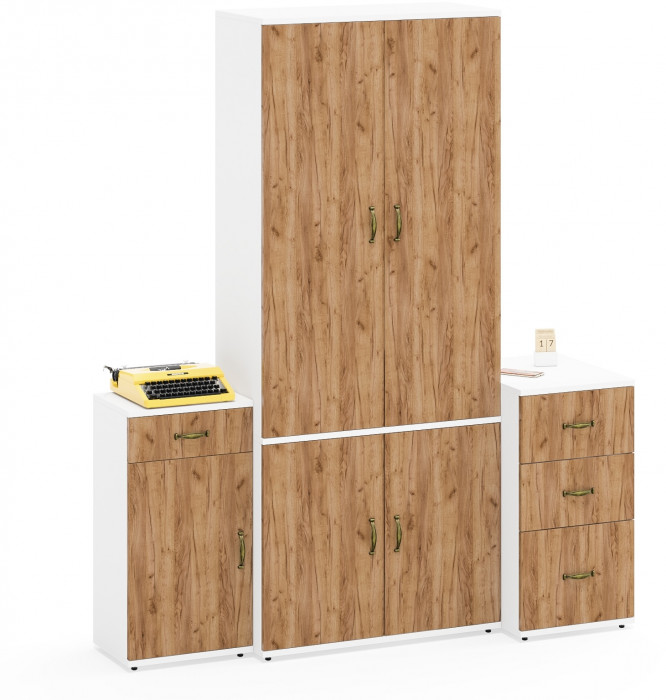 Лидер-8 Шкаф МД 20Б + Тумба МД 3.15 + Тумба МД 3.16, белый шагрень/крафт золото