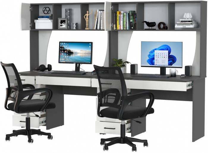 Два стола рабочих 6-0606 Сигма + два кресла 103 чёрных, цвет графит/белый, ШхГхВ 241х60,5х166 см., НЕ универсальная сборка